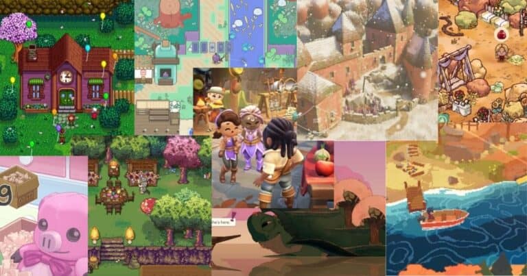 A collage of various cozy video game scenes, including colorful houses, characters interacting, lush landscapes, and village settings, depicted in different art styles.