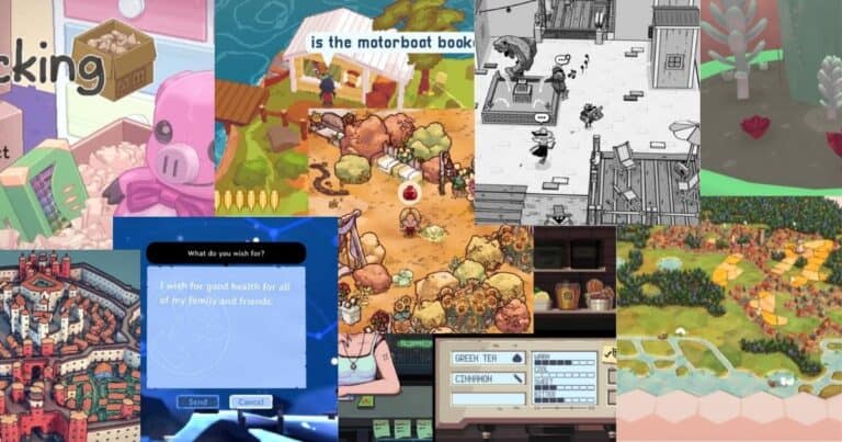 A collage of various video game screenshots featuring different art styles, including menus, characters, landscapes, and interface elements from indie games.