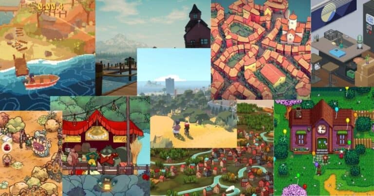 A collage of various illustrated video game environments, including landscapes, towns, buildings, and interior scenes, each featuring vibrant colors and distinct art styles.