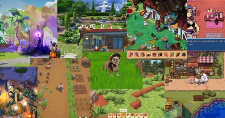 A collage of various farming and life simulation game scenes featuring gardens, animals, characters, buildings, and outdoor environments.