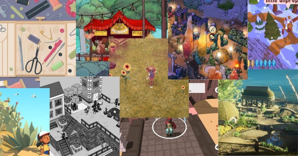 A collage of various video game scenes featuring different art styles, characters, landscapes, markets, and buildings.