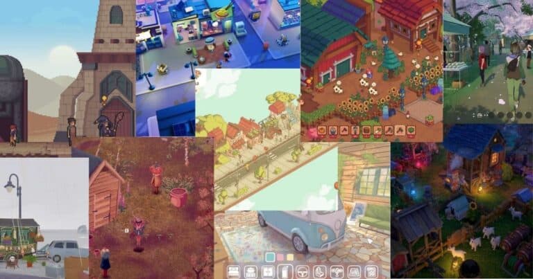 A collage of various cozy video game scenes, featuring colorful buildings, characters, markets, gardens, and nighttime outdoor settings in a range of illustrated styles.