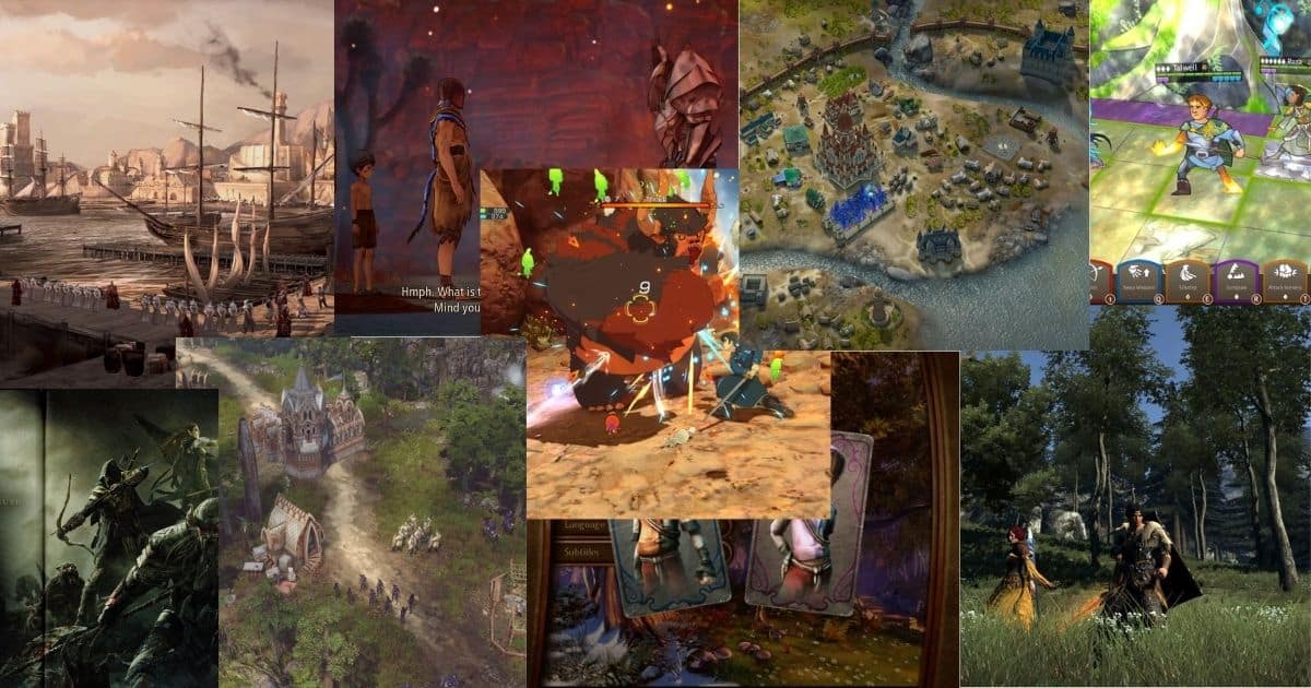 A collage of various fantasy video game scenes, featuring ships, characters, battles, maps, and colorful landscapes.