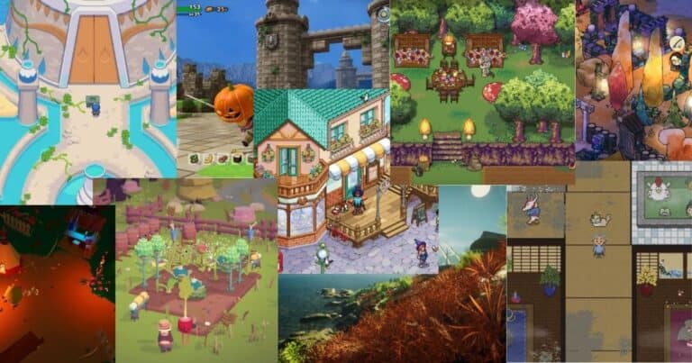 A collage of various video game scenes, featuring colorful characters, buildings, nature, festive gatherings, and both indoor and outdoor environments in pixel and cartoon art styles.