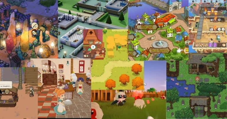 A collage of various video game screenshots featuring different settings, including villages, farms, towns, interiors, and outdoor landscapes.
