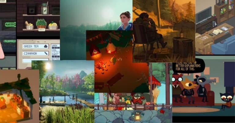 A collage of various cozy video game scenes, featuring indoor and outdoor settings, characters, and colorful environments.