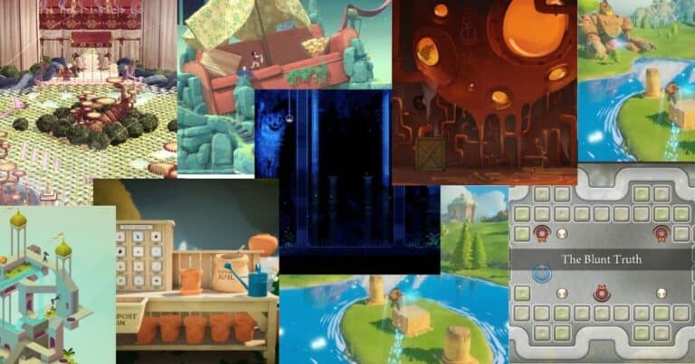 A collage of colorful video game scenes featuring fantastical landscapes, puzzle elements, and whimsical structures arranged around a central blue pixelated area.