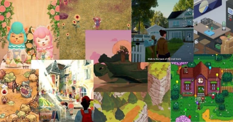 A collage of colorful scenes from various cozy video games, featuring characters, houses, markets, and rural landscapes in cartoon and pixel art styles.