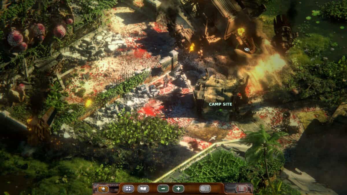 Aerial view of a jungle campsite showing debris, blood stains, burning wreckage, and lush green vegetation with game interface icons at the bottom.