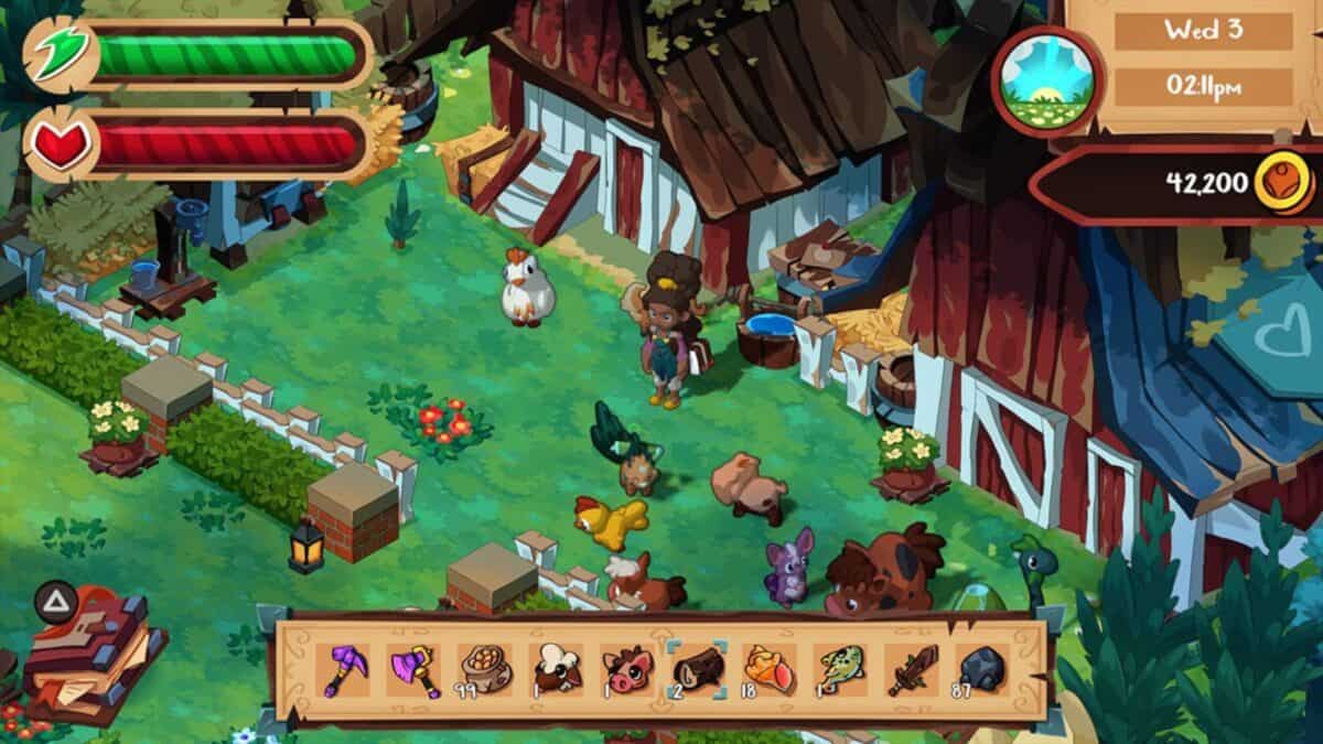 A character stands in a farmyard surrounded by animals, including chickens and rabbits, with health and energy bars, currency, and inventory items displayed on the screen.