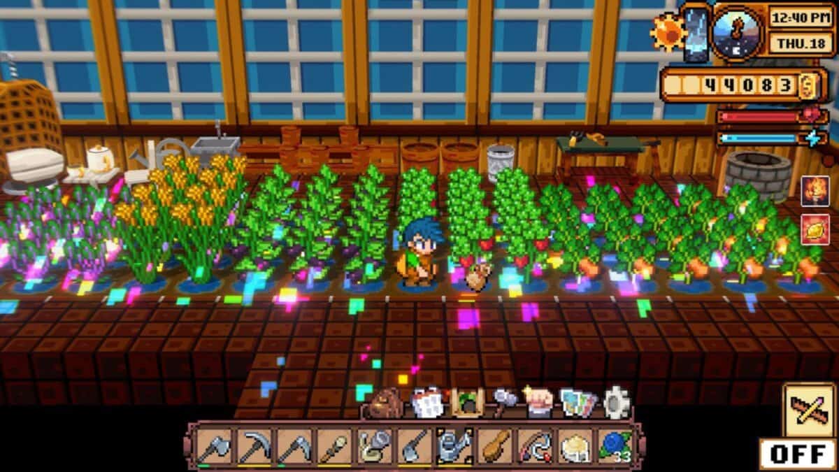 A character stands in a greenhouse surrounded by various crops and colorful sparkles, with tools and items displayed at the bottom of the screen in the Stardew Valley game interface.