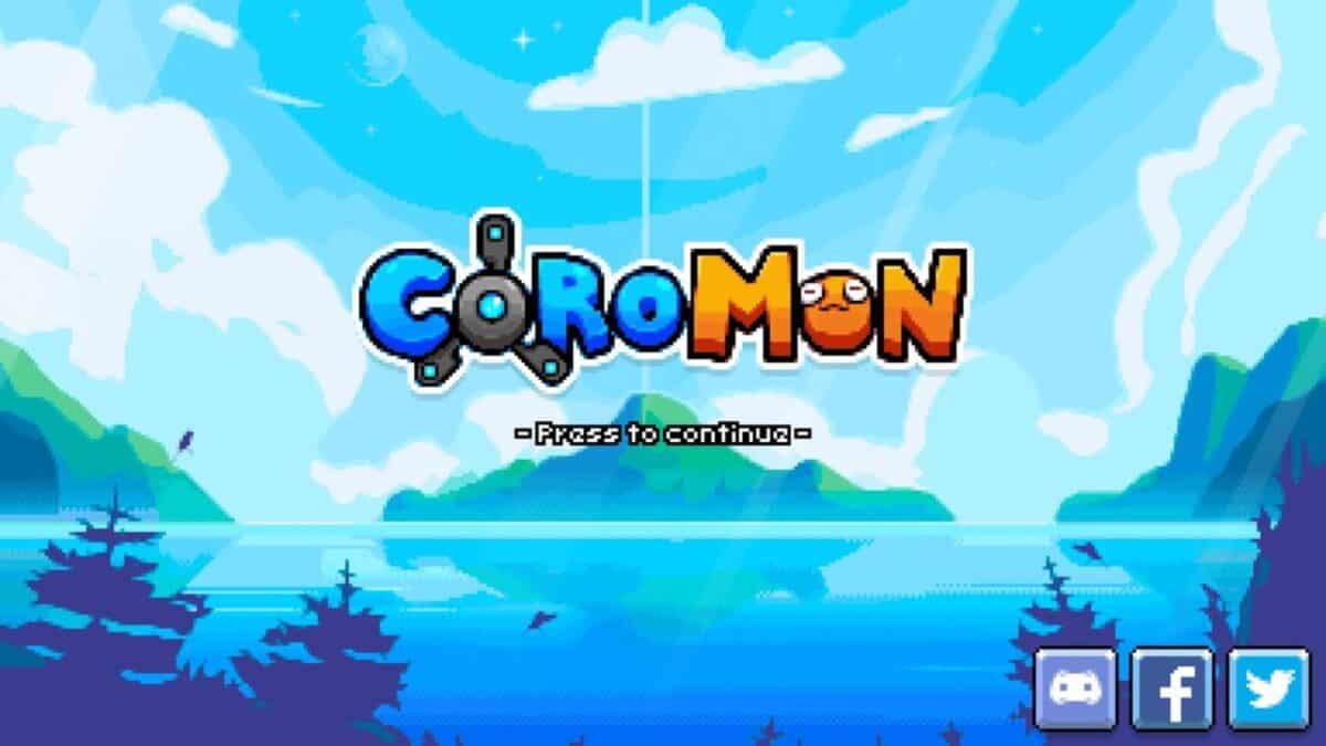 A bright, cartoon-style game title screen displays "Coromon" over a blue sky with clouds, trees, and icons for Discord and Twitter in the bottom right corner.