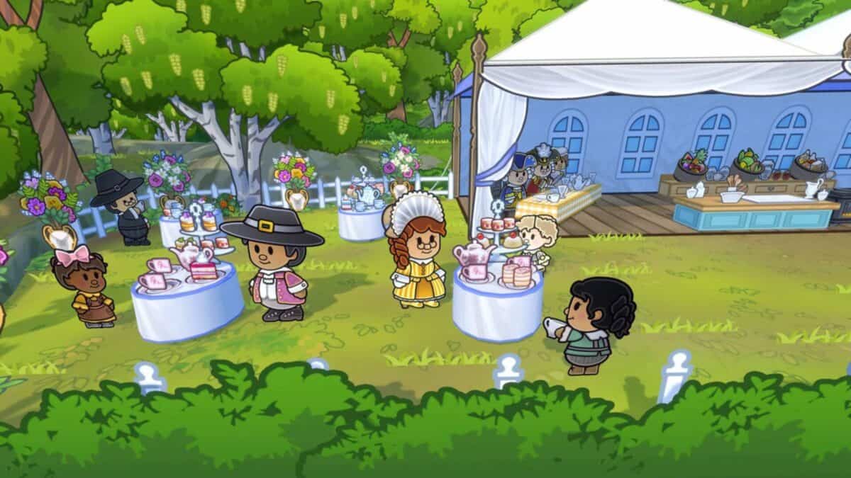Cartoon characters in historical costumes attend an outdoor garden party with decorated tables, flowers, and a white tent in a lush, green setting.