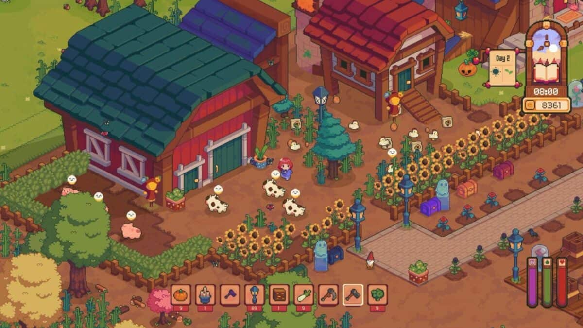 Pixel art farm scene with animals, sunflowers, trees, and buildings; user interface shows tools and inventory at the bottom, with a day and time display in the top right corner.