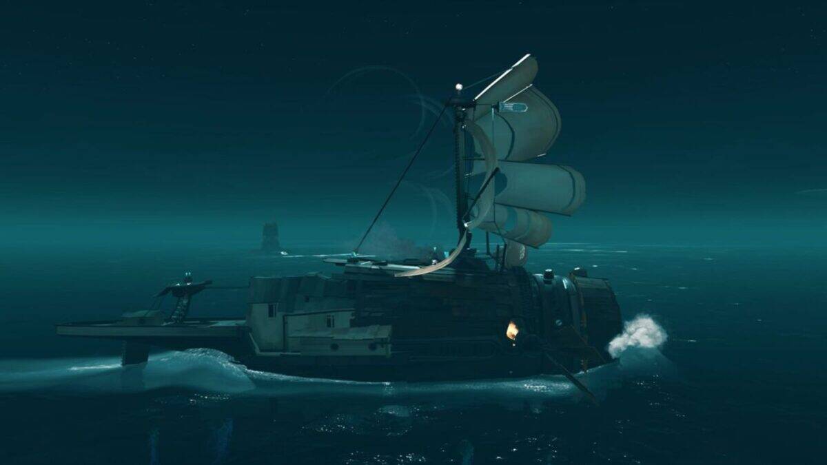 A wooden sailboat with white sails travels across calm, dark ocean waters at night under a clear sky.