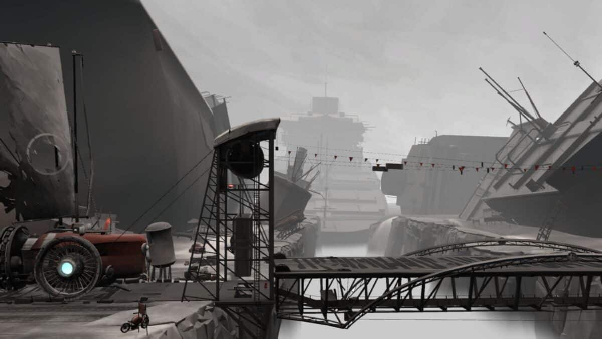 A small figure and a vehicle stand on a platform in a vast, industrial landscape filled with large metal structures and bridges under a gray sky.