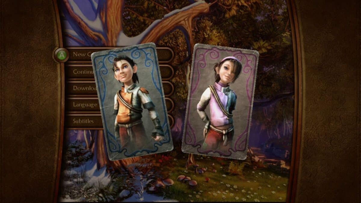 Two character selection cards, one with a male child and one with a female child, are displayed on a background of a forest and a menu with options like New Game and Continue.