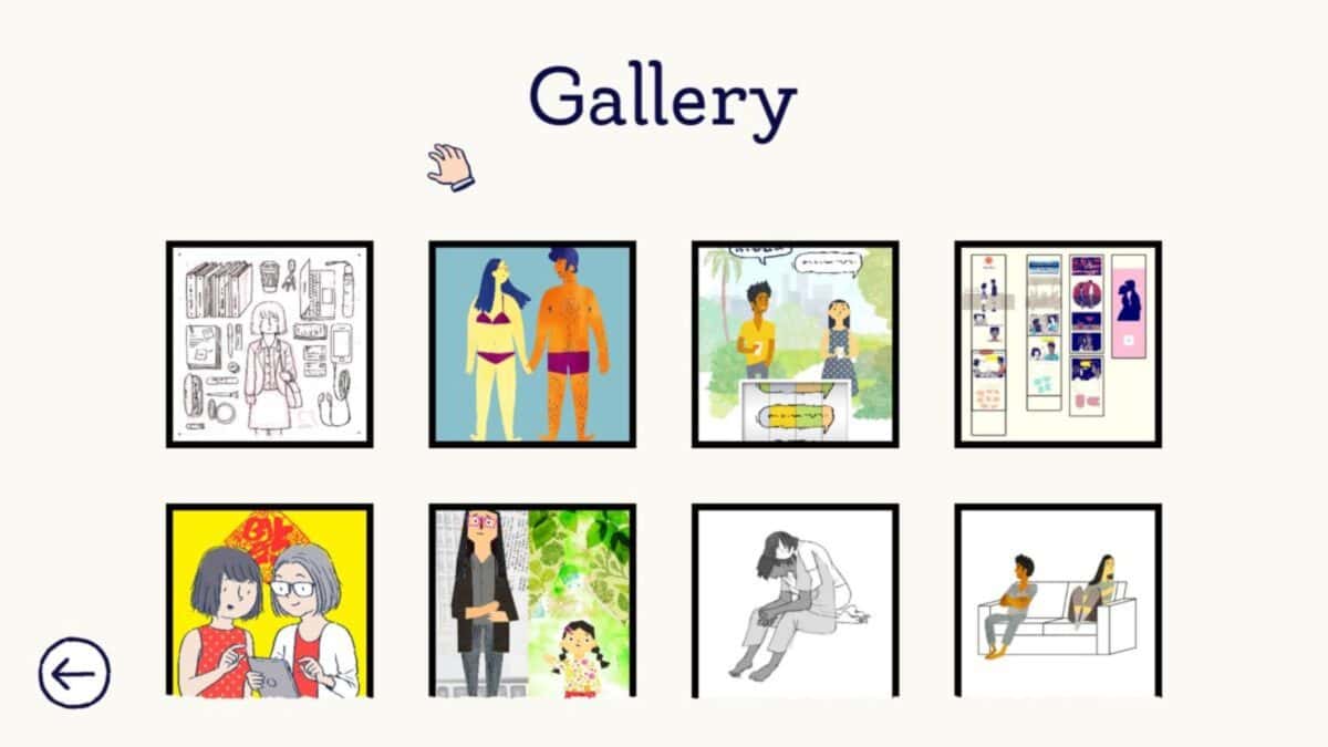 A digital gallery interface displays eight framed illustrations arranged in two rows, with a back arrow in the lower left corner.