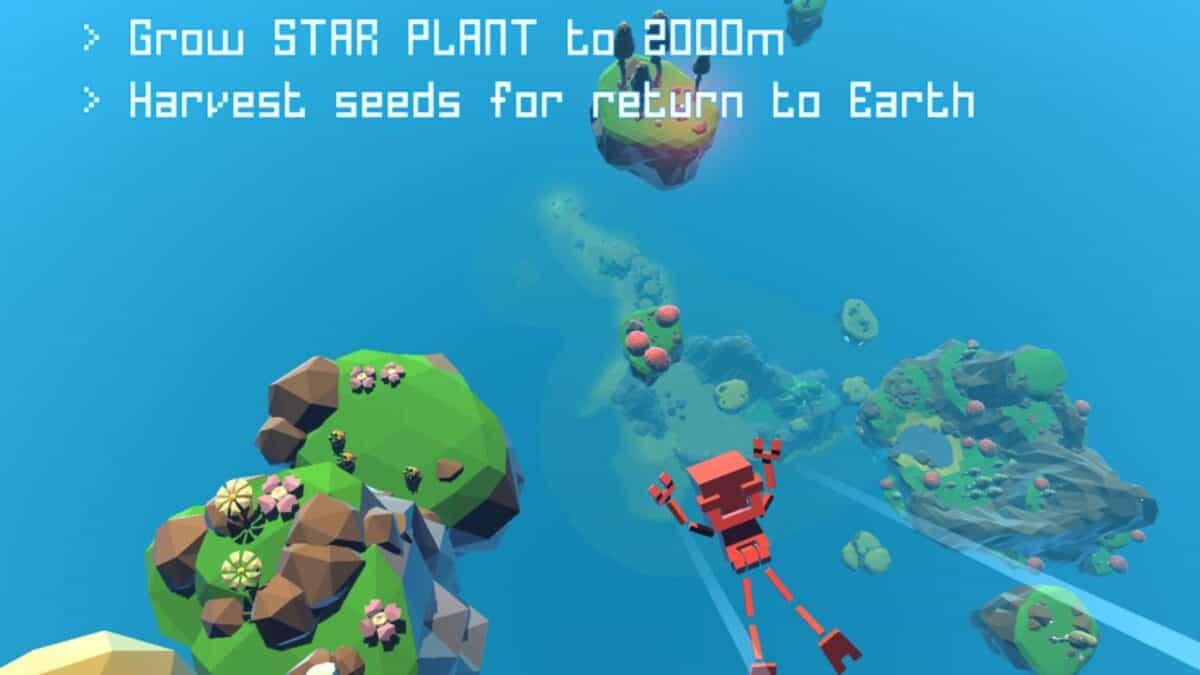 A red robot floats above floating islands with green plants and pink flowers; on-screen text reads: "Grow STAR PLANT to 2000m. Harvest seeds for return to Earth.
