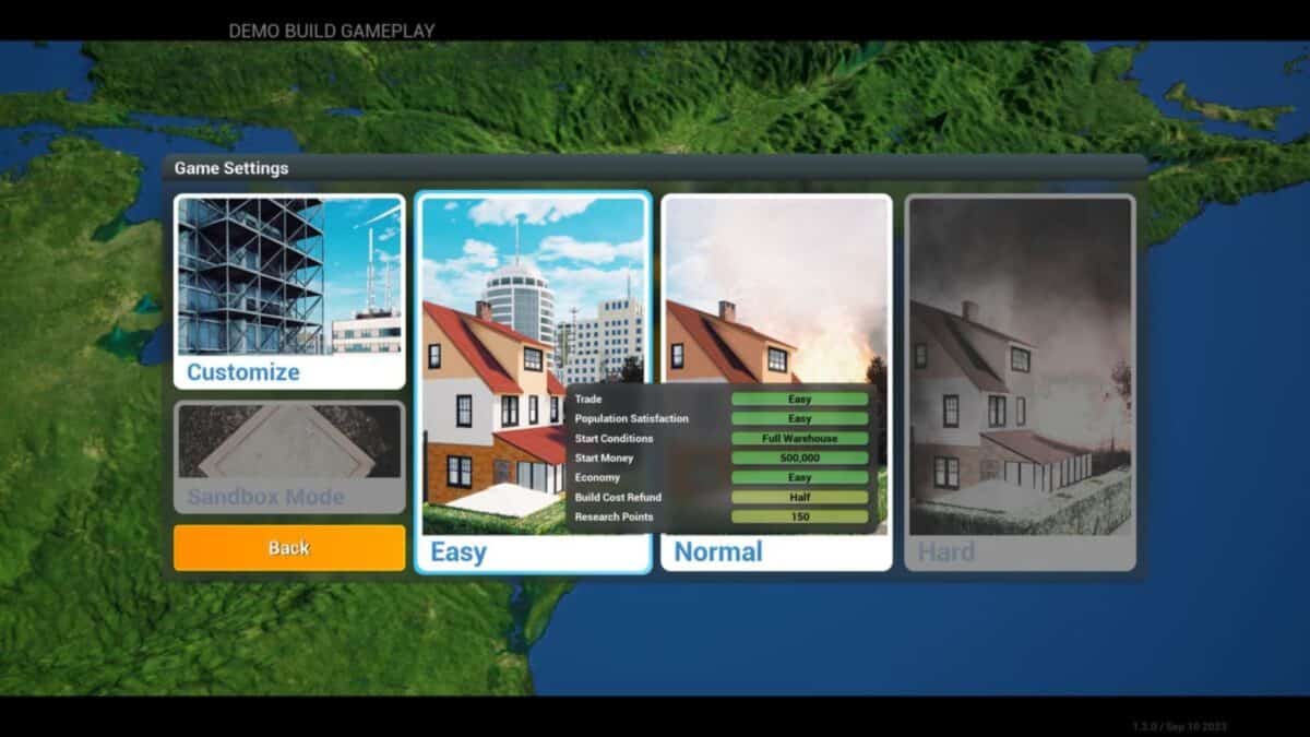 Game settings menu showing three difficulty options—Easy, Normal, and Hard—with various parameters listed for each; "Normal" is currently selected.