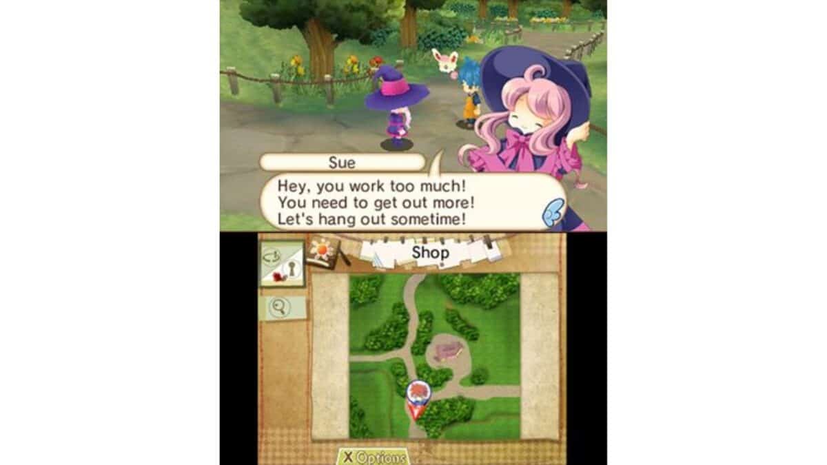 A character named Sue talks to the player, saying, "Hey, you work too much! You need to get out more! Let's hang out sometime!" A map is displayed below.