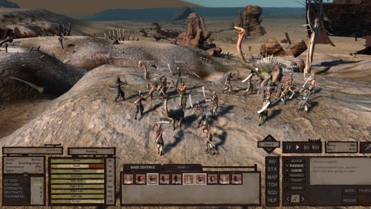 A group of armed characters in a desert landscape battles a large creature, with game interface elements and menus visible on the screen.
