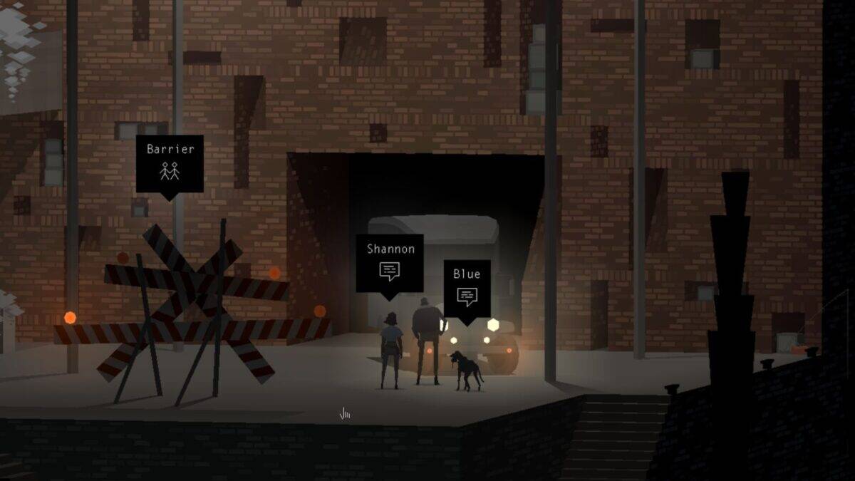 Two people and a dog stand near a brick building entrance labeled "Barrier," "Shannon," and "Blue," with a striped roadblock visible on the left side.