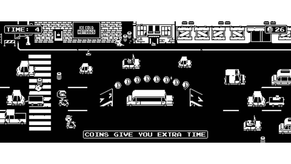 A pixelated, black-and-white video game scene shows a character crossing a busy street, collecting coins, with a timer and the message “COINS GIVE YOU EXTRA TIME” displayed.