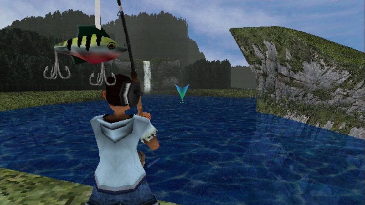 A person in a video game is fishing at a lake, holding a fishing rod with a large lure visible, surrounded by trees and rocky landscape.