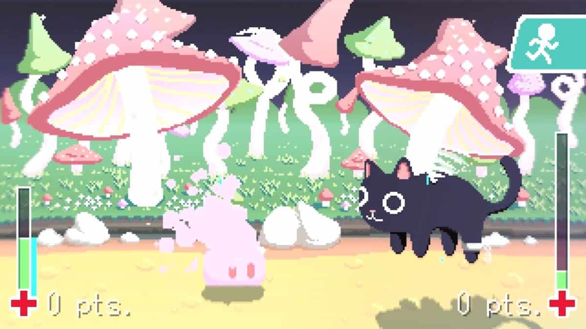 A pixel art scene shows a black cat and a pink creature facing each other in front of large mushrooms, with game-like health bars and scores on the screen.