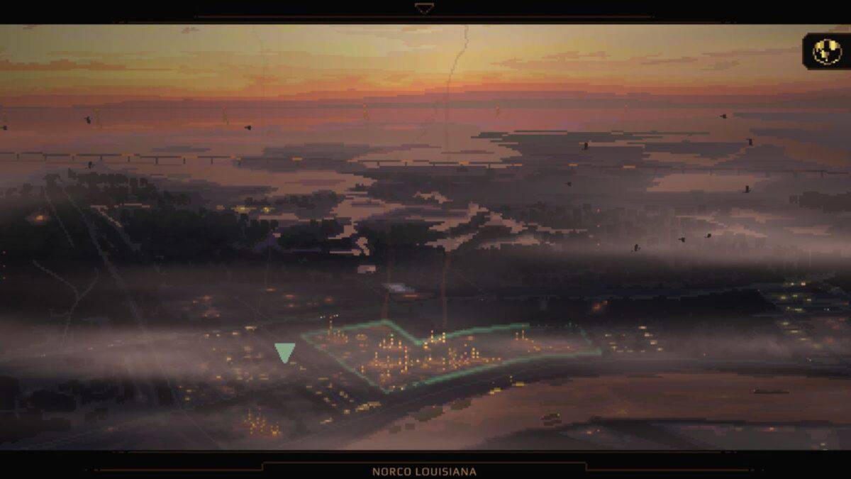 A pixel art image depicting an aerial view of Norco, Louisiana at sunset, with glowing city lights, water bodies, and a hazy atmosphere.