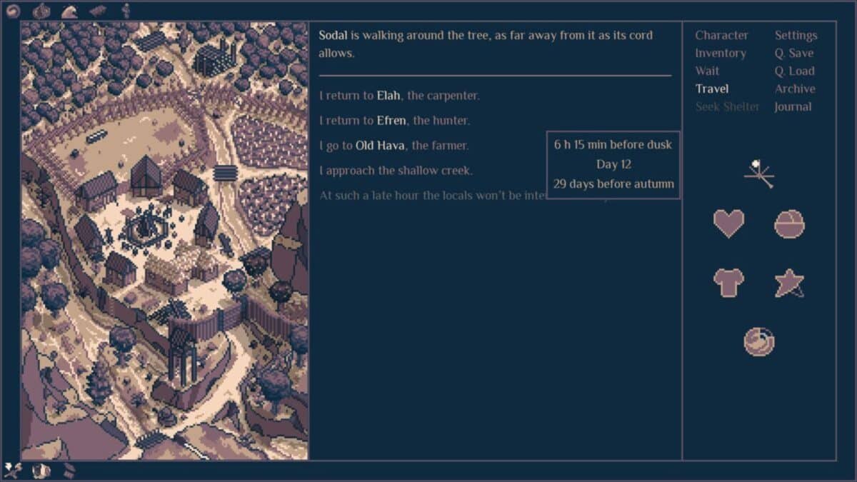 A pixel art game interface shows a map with buildings and trees on the left, and a text-based narrative with travel options and stats on the right.