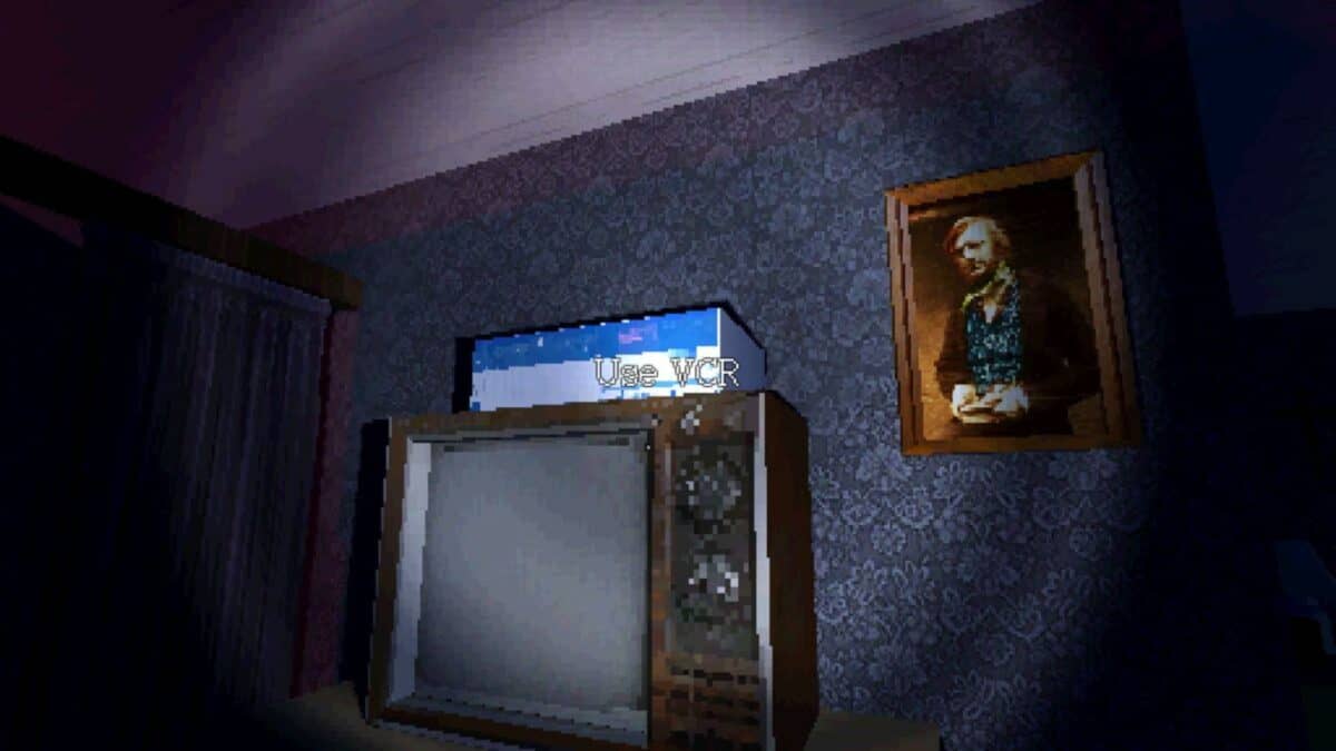 A pixelated scene shows an old television with "Use VCR" text on the screen, a patterned wallpaper, drawn curtains, and a framed portrait on the wall.