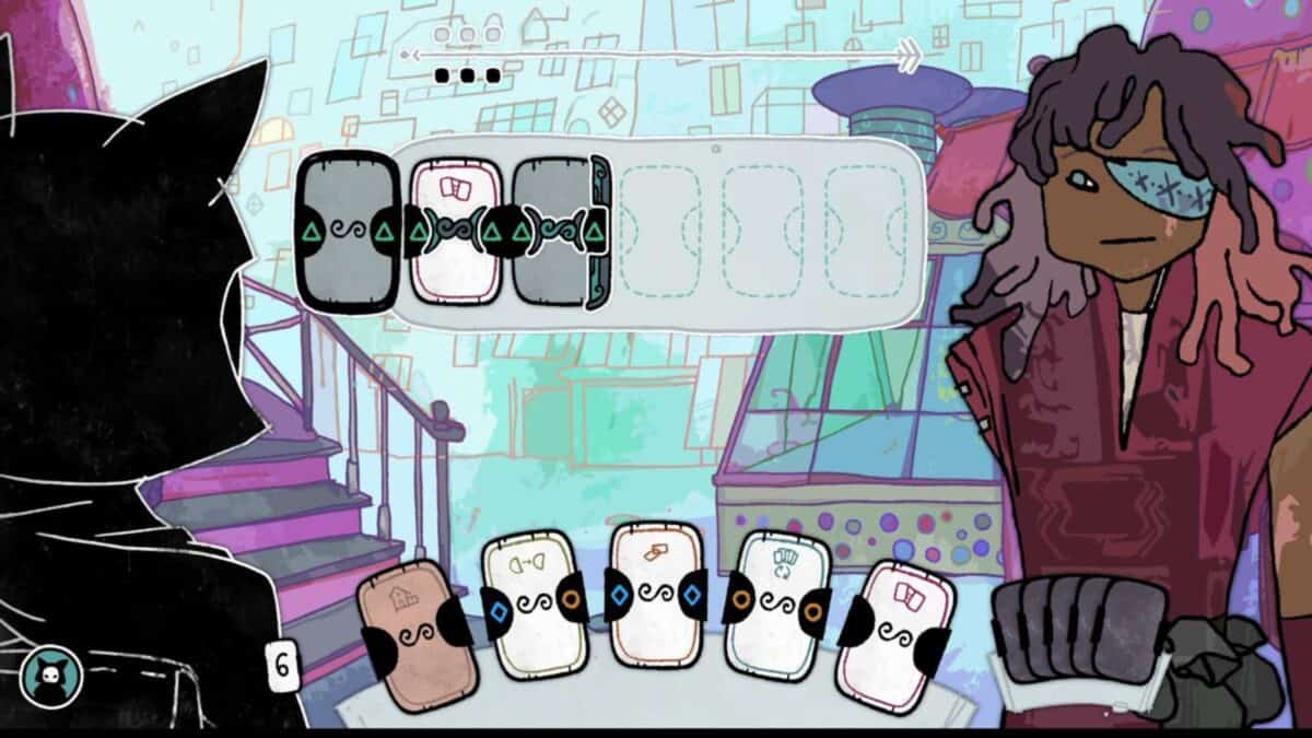 Two cartoon characters face each other in a stylized setting, playing a card game with cards and icons displayed between them on the screen.