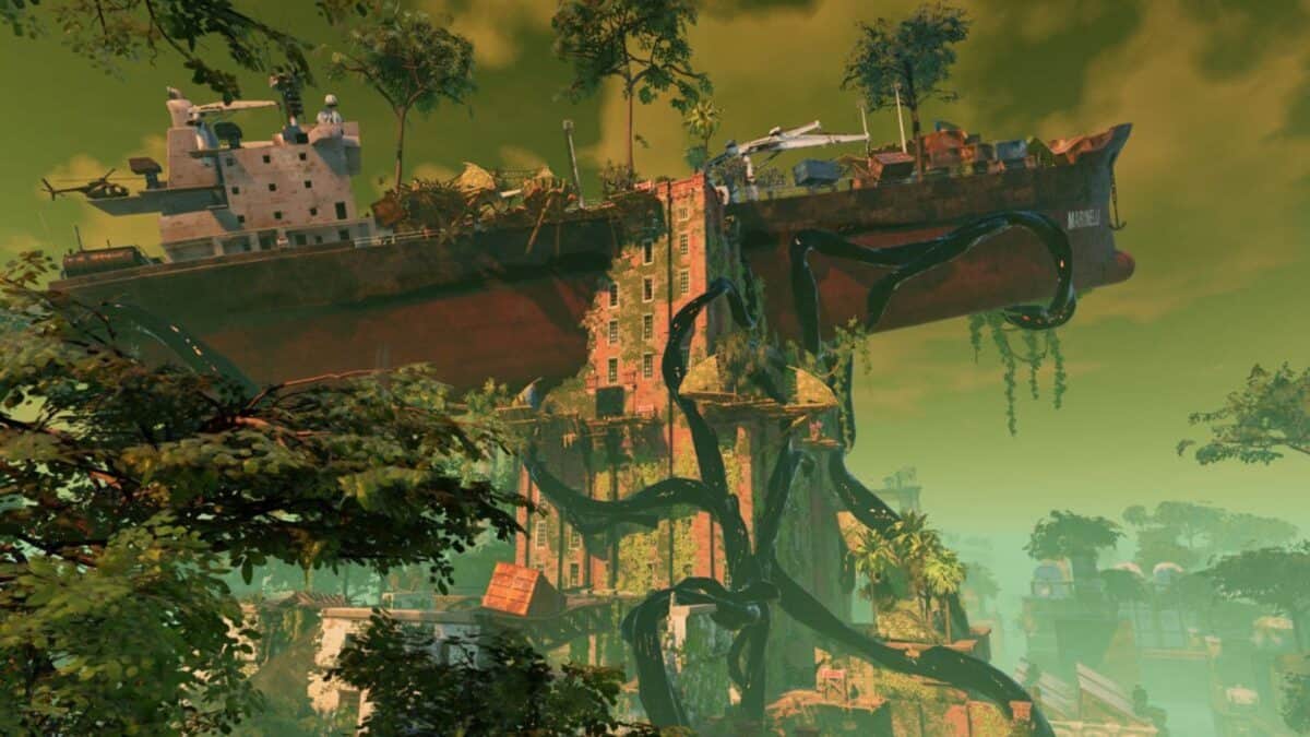 A large cargo ship rests atop a ruined, overgrown building, with dark vines climbing the structure amid dense vegetation and an eerie green sky.