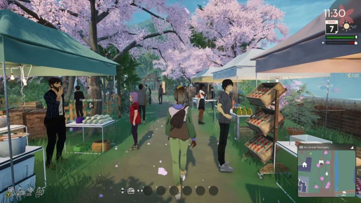 A character walks through an outdoor market with various stalls and people under blooming cherry blossom trees in a video game environment.