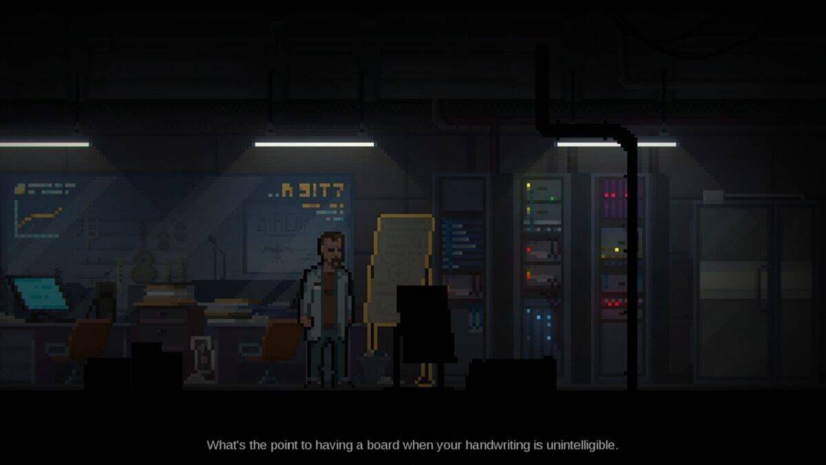 A pixel art scene shows a man in a lab coat standing by a messy office with computer servers and a whiteboard; text reads, "What's the point to having a board when your handwriting is unintelligible.