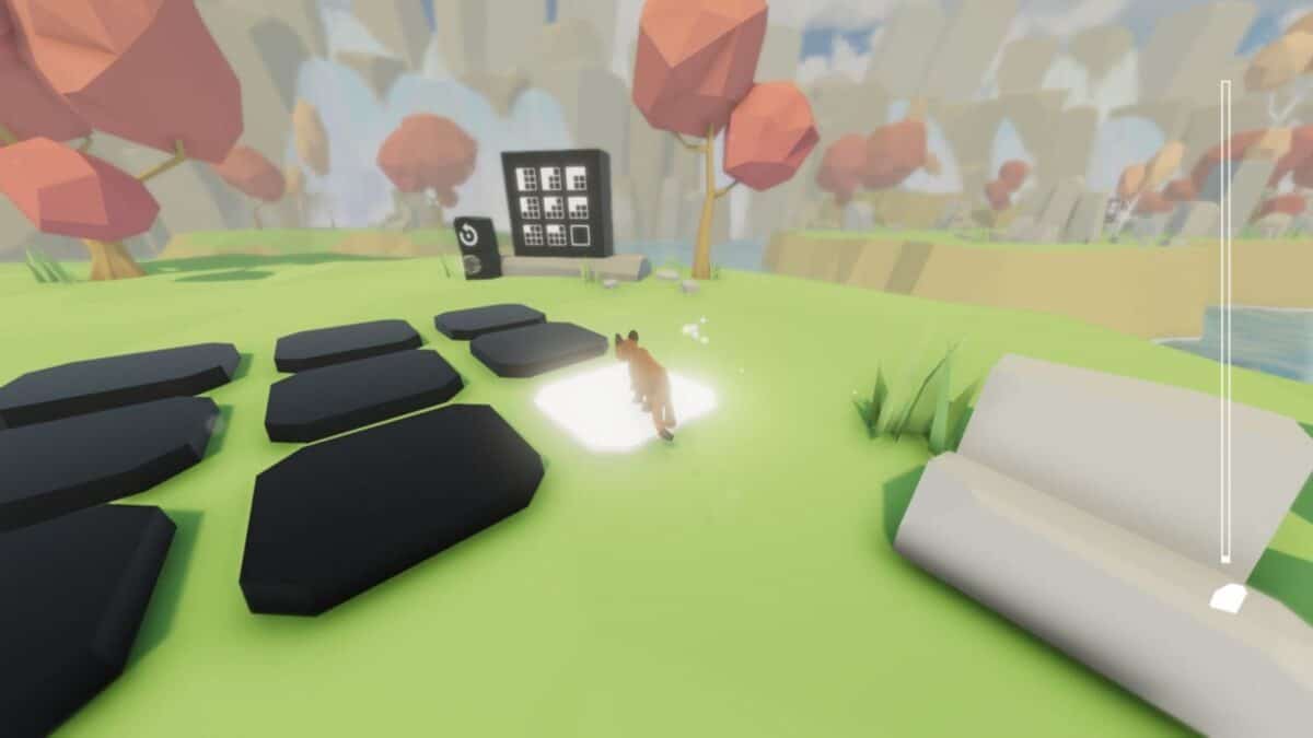 A low-poly video game scene shows a small animal standing on a glowing white tile, surrounded by black tiles, trees, and a river under a cloudy sky.