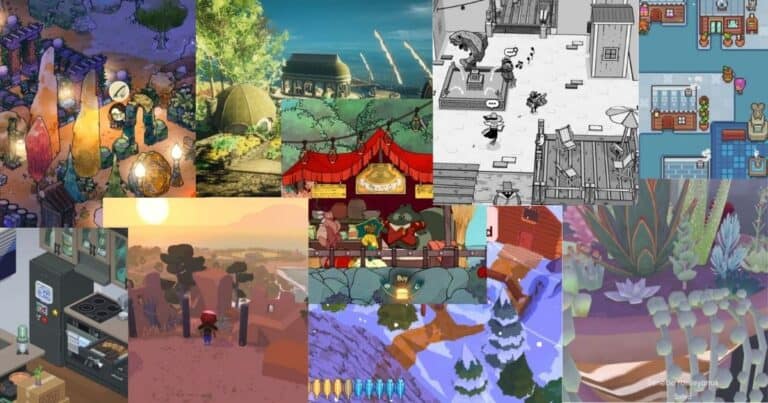 A collage of various cozy video game scenes, featuring colorful landscapes, indoor settings, market stalls, and animated characters engaged in everyday activities.