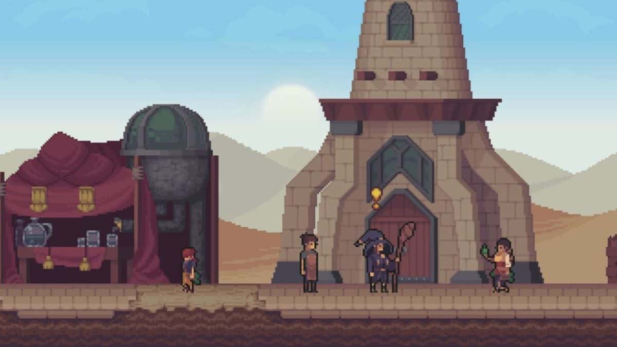 Pixel art scene of a desert town with a market stall, three people standing near a tall building, and mountains in the background with the sun low in the sky.
