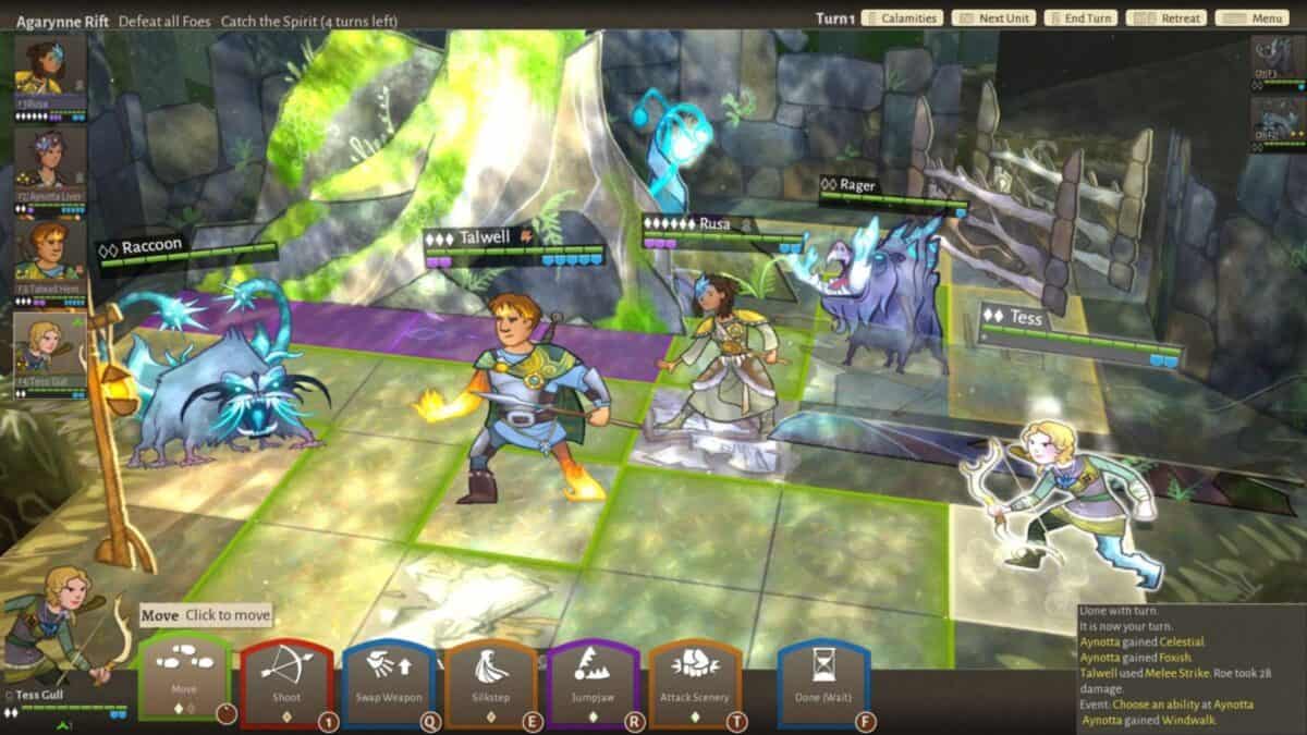 A fantasy turn-based strategy game scene with four human characters and two animal allies in a grid-based battlefield with ability icons and character stats displayed.