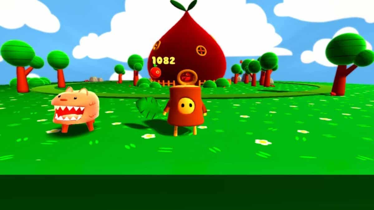 A brightly colored, cartoon-style landscape with two animal-like characters on grass, trees in the background, and a large house shaped like a red fruit.