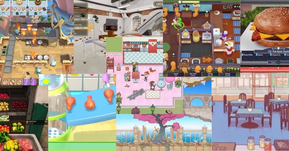 Collage of various cooking and restaurant-themed video game screenshots, showing kitchens, food items, and dining areas in different art styles.