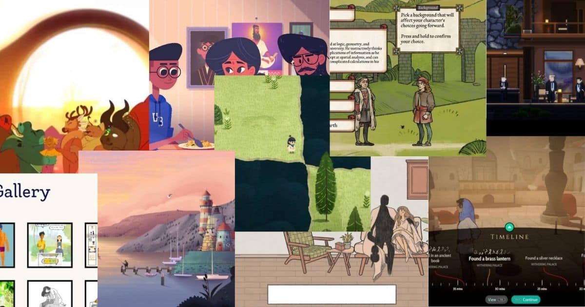 A collage of various digital art scenes and interfaces, including animated characters, nature landscapes, text dialogues, and game screenshots displayed together.
