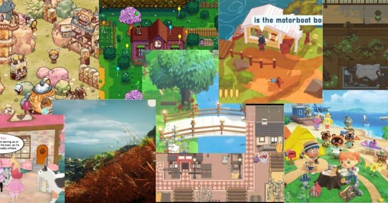 A collage of various colorful farming and life simulation video game scenes featuring farms, houses, animals, and characters in different environments.