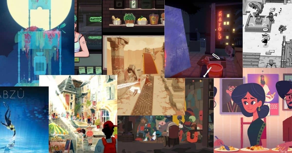 A collage of various indie video game scenes, featuring diverse art styles, environments, and characters from both colorful and monochrome games.