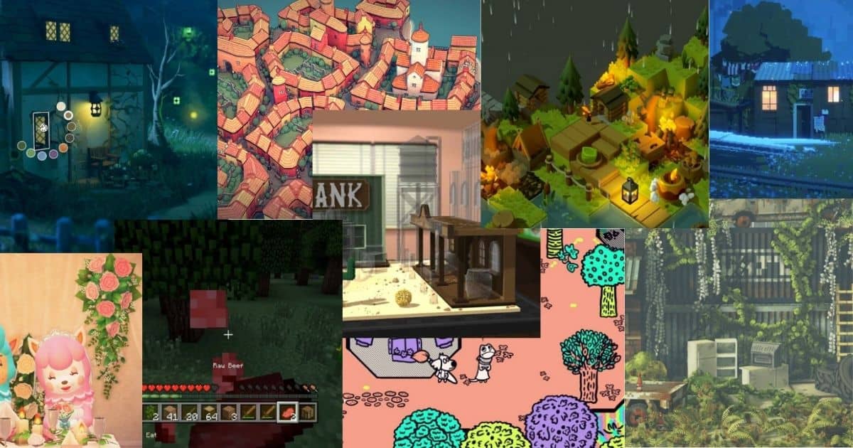 A collage of various cozy video game scenes, including houses, colorful villages, forests, and cute animal characters, each depicted in different art styles.