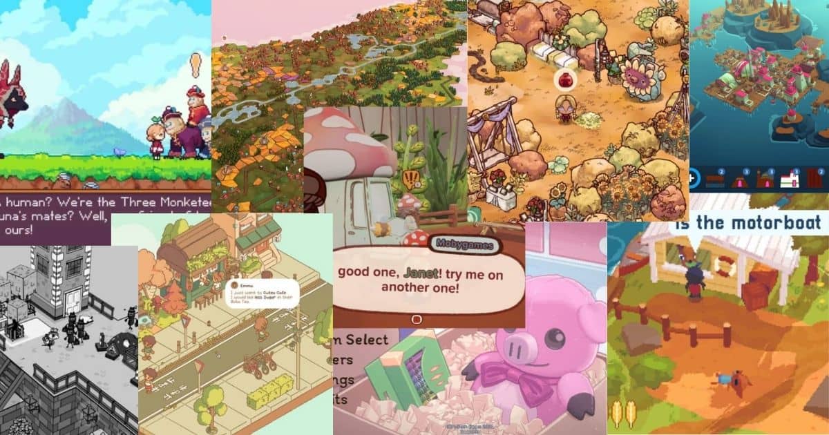 A collage of various colorful and pixelated video game scenes featuring characters, landscapes, buildings, and dialogue boxes.
