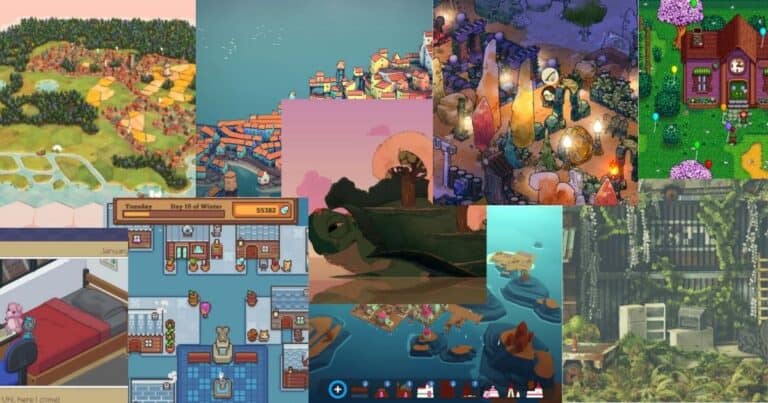 A collage of colorful video game scenes featuring various environments, including towns, houses, beaches, forests, marketplaces, and fantasy landscapes.
