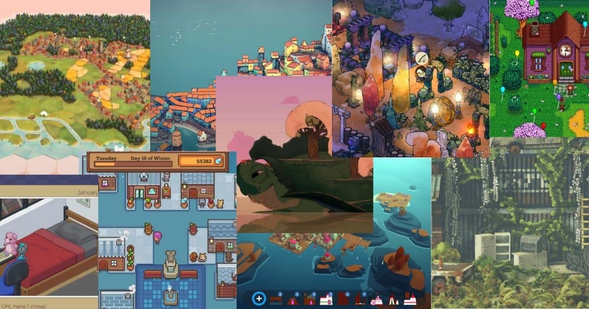 A collage of colorful video game scenes featuring various environments, including towns, houses, beaches, forests, marketplaces, and fantasy landscapes.